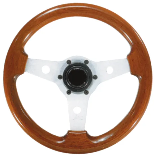 3-Speichen Steuerrad Imola Silber Aluminium Mit Mahagoni Griff, Ø310mm, Tiefe 80mm