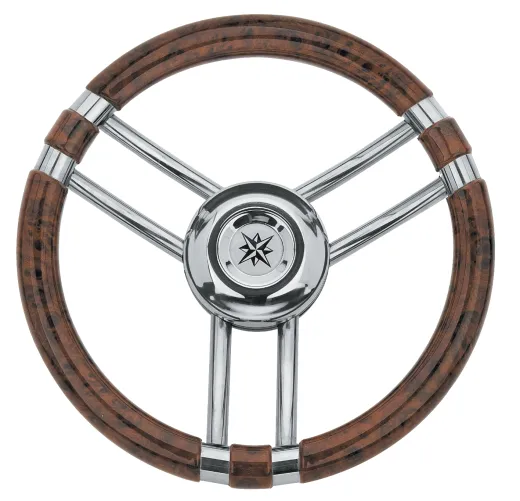 3-Speichen Steuerrad Modell 22 Niro Mit Wurzelholz-Look Griff, Ø350mm, Tiefe 60mm
