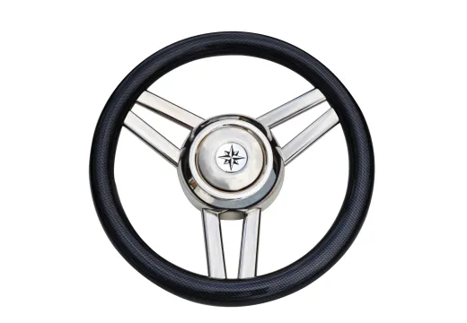 3-Speichen Steuerrad Modell 26 Niro Mit Schwarzem Polyurethan Griff, Ø350mm, Tiefe 60mm