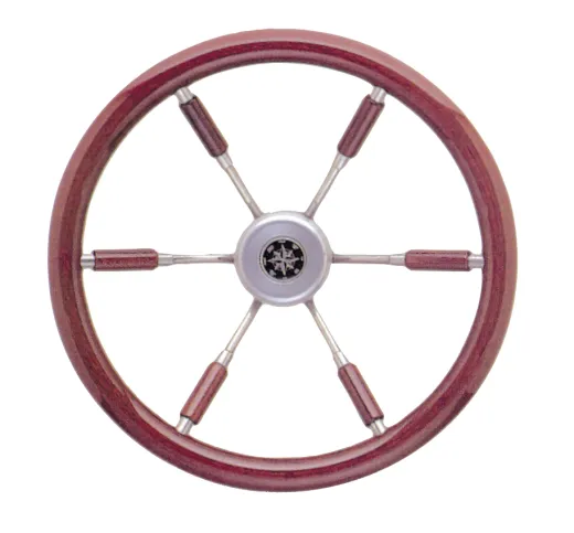 6-Speichen Steuerrad Leader Prestige Niro Mit Mahagoni Griff Und Teilweise Speichen, Ø360mm, Tiefe 100mm