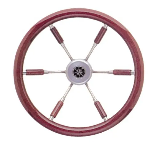 Allpa 6-Speichen Steuerrad Leader Prestige Niro Mit Mahagoni Griff Und Teilweise Speichen, Ø390mm, Tiefe 100mm