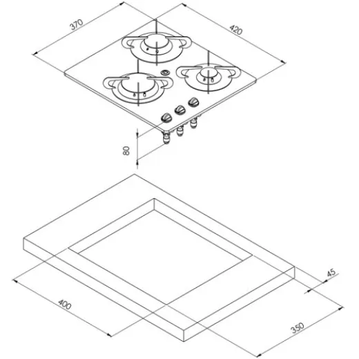 Allpa Gaskocher Mit Keramik Kochplatte, 420x370x80mm, Brenner: 1x Klein/1x Mittel/1x Groß