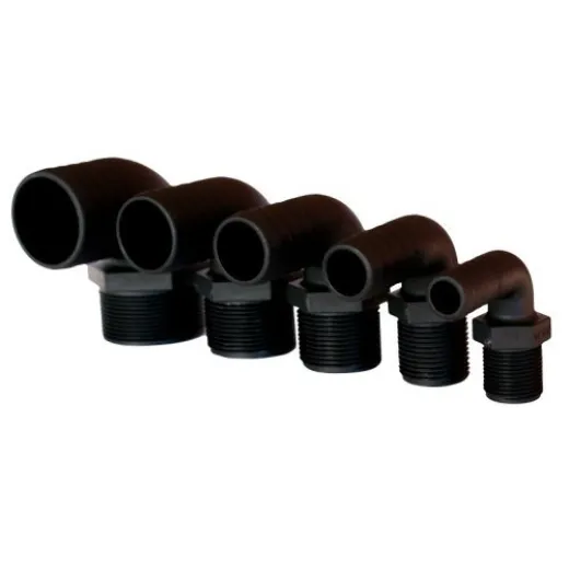 Allpa Kunststoff Schlauchtülle, Rechtwinklig, Ø1-1/2X38mm, Mit Außengewinde, Schwarz