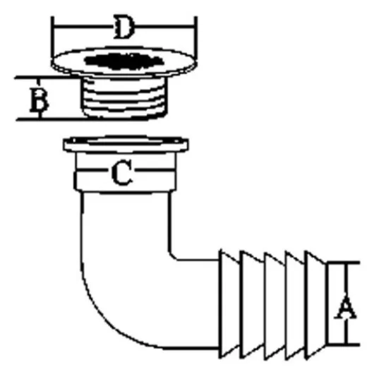 Allpa Niro Abfluss 90° Mit Gitter, Abm. A=19mm, B=15mm, C=36mm, D=42mm