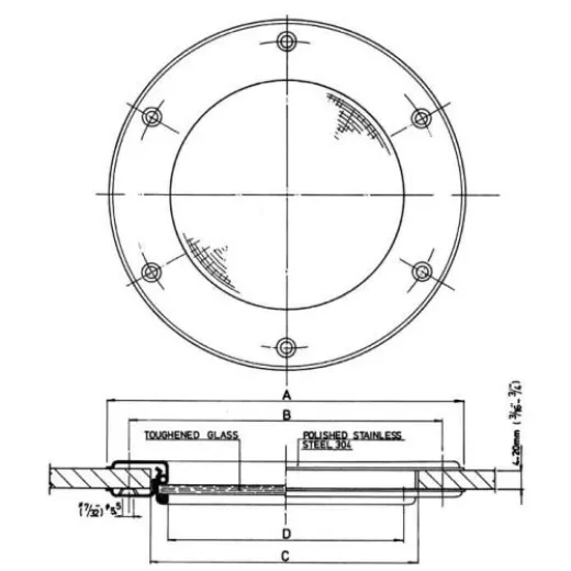 allpa NIRO BullAuge Ø265mm feste Modell mit Bruchsicheres Glas Lochmaß Ø220mm