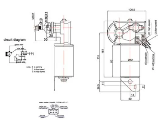 Allpa Scheibenwischermotor (Zd1233aa), 2-Speed, 12v/20w, Netto Wellenlänge 53mm, Wischwinkel: Einstellbar (50-70-90-100°)