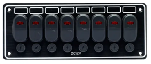 Aluminium Schalttafel, 12v, 8-Schalter & Led-Indikator, 15a Glassicherungen, Inkl. Labelsatz