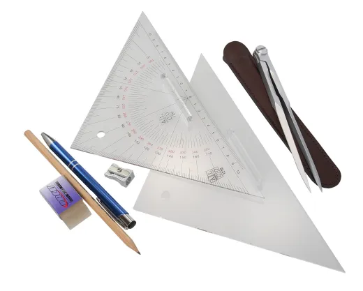 Ausbildungs-Set mit Zirkel, Kurs- und Anlegedreieck etc.