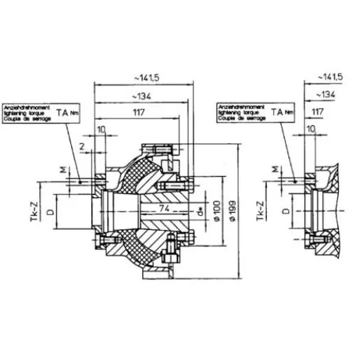Centaflex Kupplung, M-160 1.1, Max. 500nm (Freizeit), D=66,65mm, Tk=82,5mm, Z=4x90°, M=M10