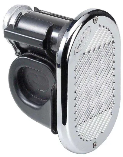 Hurricane Horn - eingebaut (24V, Edelstahl/Kunststoff verchromt, 147 mm, 190 x 120 mm, 120 dB)