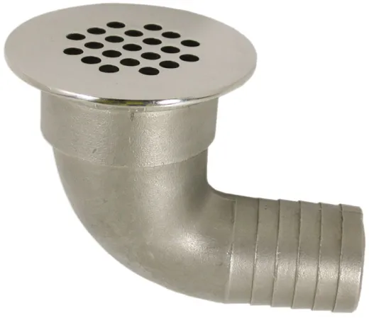 Niro Abfluss 90° Mit Gitter, Abm. A=38mm, B=33mm, C=63mm, D=90mm (Plastik Krümmer)