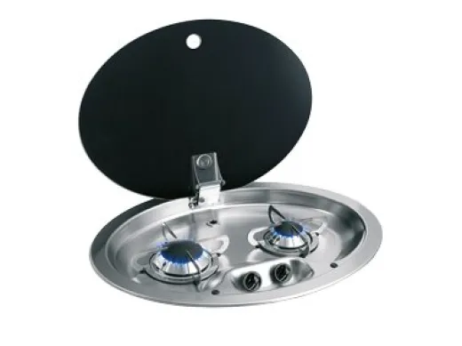 Allpa Gaskocher Oval Mitt 2 Brenner Komplett Mit Gehärtetem Rauchglas-Deckel, 510x390x80mm