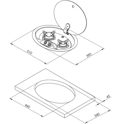Allpa Gaskocher Oval Mitt 2 Brenner Komplett Mit Gehärtetem Rauchglas-Deckel, 510x390x80mm