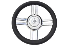 4-Speichen Steuerrad Modell 25b Niro Mit Schwarzem Polyurethan Griff, Ø350mm, Tiefe 60mm