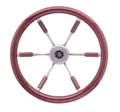 6-Speichen Steuerrad Leader Prestige Niro Mit Mahagoni Griff Und Teilweise Speichen, Ø360mm, Tiefe 100mm
