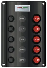 Allpa Kunststoff Schalttafel, 12v, 5-Schalter & Led-Indikator, Auto Fuse, Abm. 160x107mm, Spritzwasserdicht, 1x5a, 2x10a, 2x15a Sicherungen