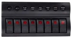 Kunststoff Schalttafel, 12v, 8-Schalter & Led-Indikator, Auto Fuse, Abm. 235x120mm, Wasserdicht, 2x5a, 3x10a, 3x15a Sicherungen