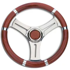 Steurerrad (35 cm, Edelstahl, Edelstahl, 3-Speichen/Mahagoni)